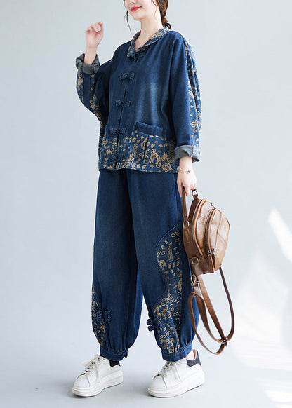 Chic und Stil | Denim Blue Peter Pan Collar Printed Coats and Lantern Pants Two-Piece Set