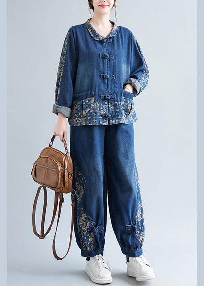 Chic und Stil | Denim Blue Peter Pan Collar Printed Coats and Lantern Pants Two-Piece Set