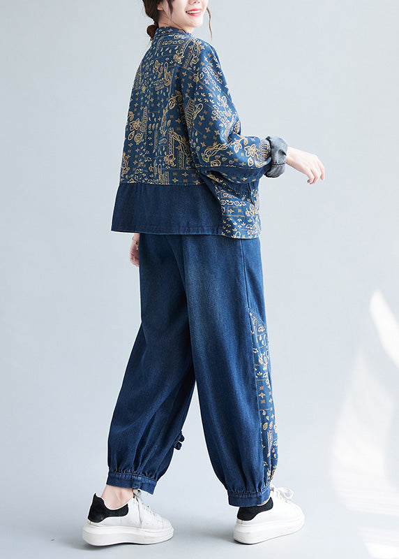 Chic und Stil | Denim Blue Peter Pan Collar Printed Coats and Lantern Pants Two-Piece Set