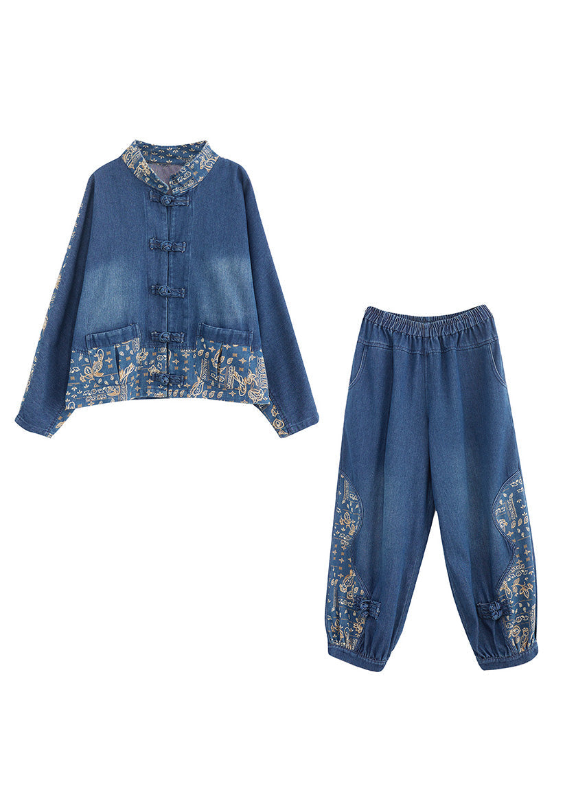Chic und Stil | Denim Blue Peter Pan Collar Printed Coats and Lantern Pants Two-Piece Set