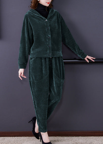Chic und Stil | Green button corduroy hooded coats and harem pants two-piece set long sleeves