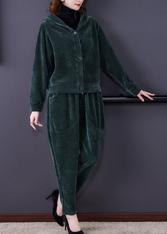 Chic und Stil | Green button corduroy hooded coats and harem pants two-piece set long sleeves