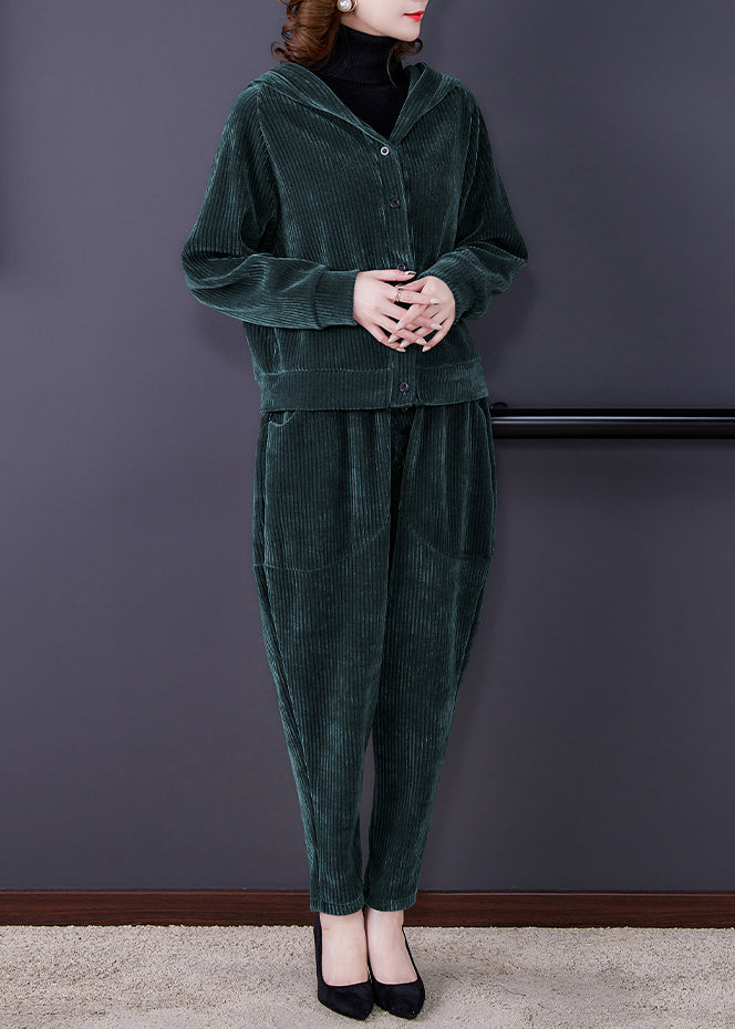 Chic und Stil | Green button corduroy hooded coats and harem pants two-piece set long sleeves