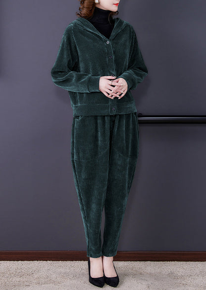 Chic und Stil | Green button corduroy hooded coats and harem pants two-piece set long sleeves