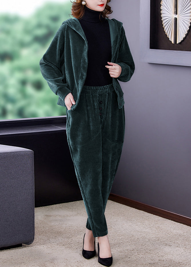 Chic und Stil | Green button corduroy hooded coats and harem pants two-piece set long sleeves