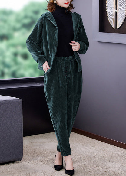 Chic und Stil | Green button corduroy hooded coats and harem pants two-piece set long sleeves