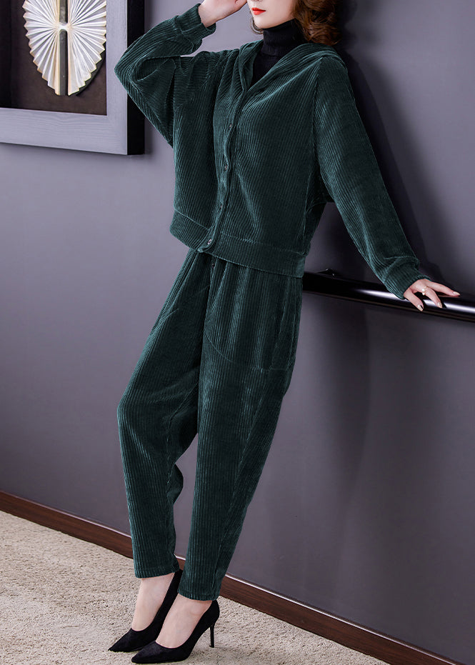 Chic und Stil | Green button corduroy hooded coats and harem pants two-piece set long sleeves