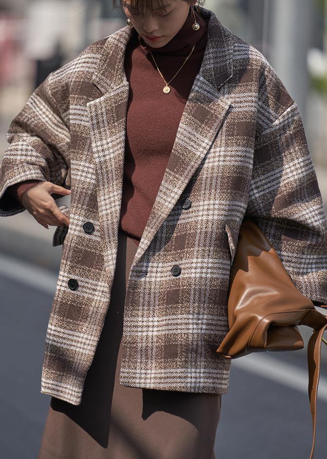 Chic und Stil | Fine plaid chocolate trench coat Wardrobe Double neck wool