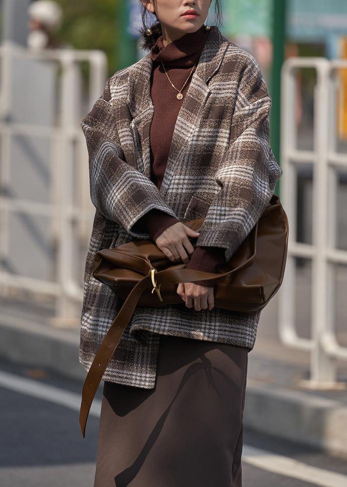 Chic und Stil | Fine plaid chocolate trench coat Wardrobe Double neck wool