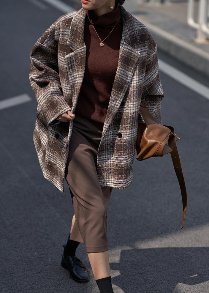 Chic und Stil | Fine plaid chocolate trench coat Wardrobe Double neck wool