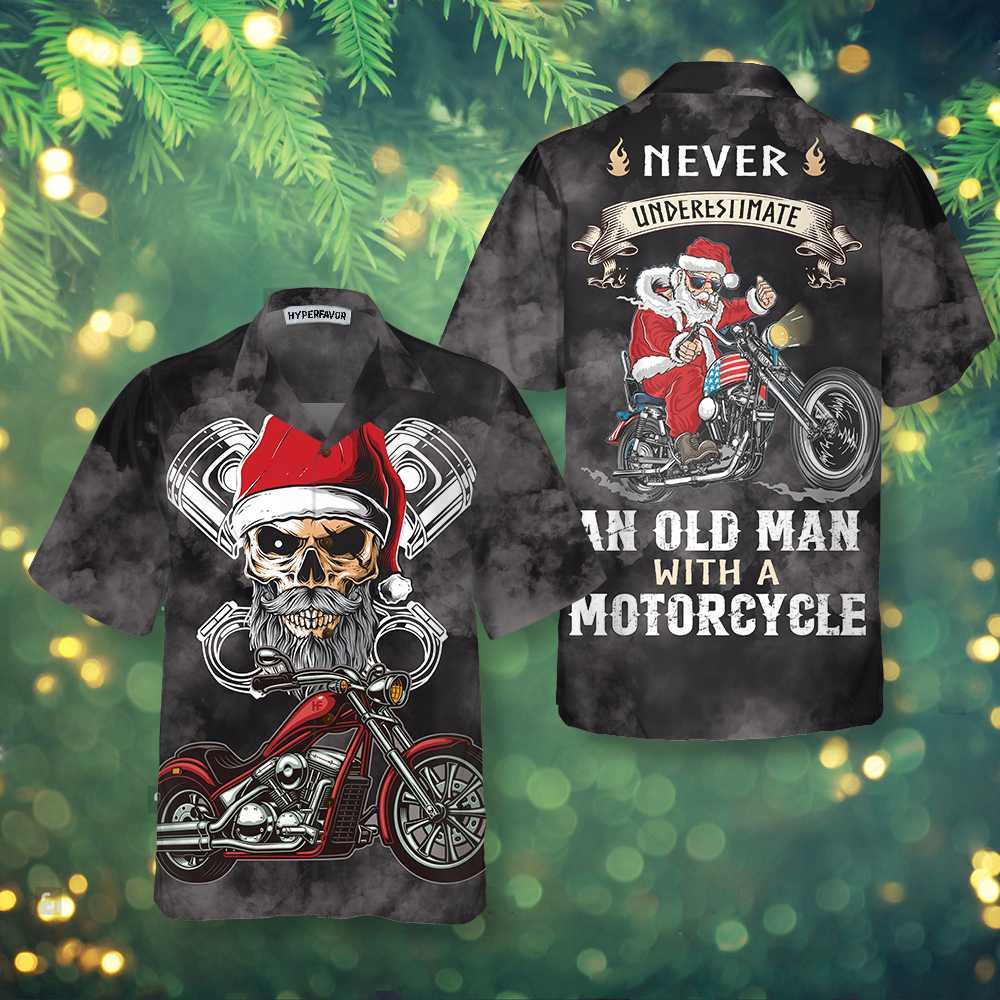 Chic und Stil | Ne sous-estimez jamais un vieil homme avec un t-shirt hawaïen de Noël à moto, meilleur cadeau de moto pour Noël