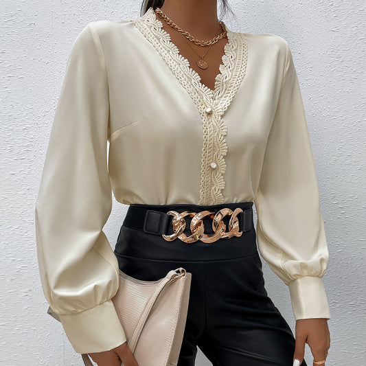 Dames Élégante blouse avec dentelle et détails de boutons Chic und Stil