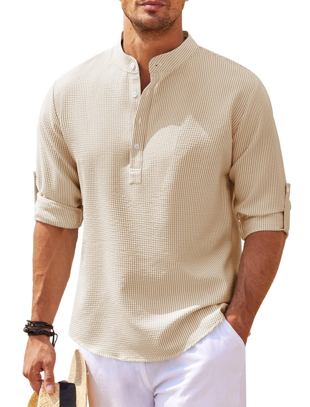 Chemise décontractée à manches longues pour homme avec col montant et structure côtelée Chic und Stil