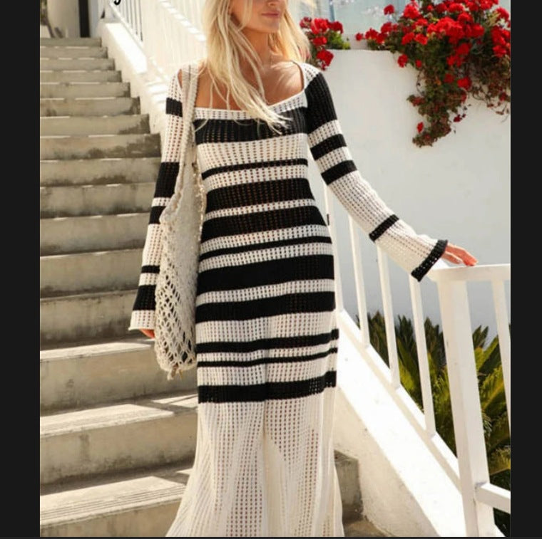 Robe maxi en tricot pour femmes avec un motif rayé à la mode et des manches élégantes Chic und Stil