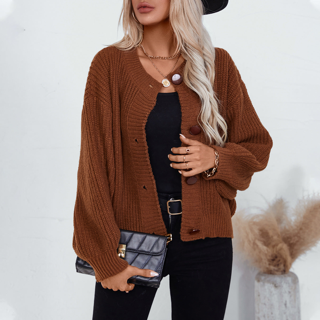 Dames cardigan confortable en tricot avec de grands boutons et une coupe décontractée Chic und Stil