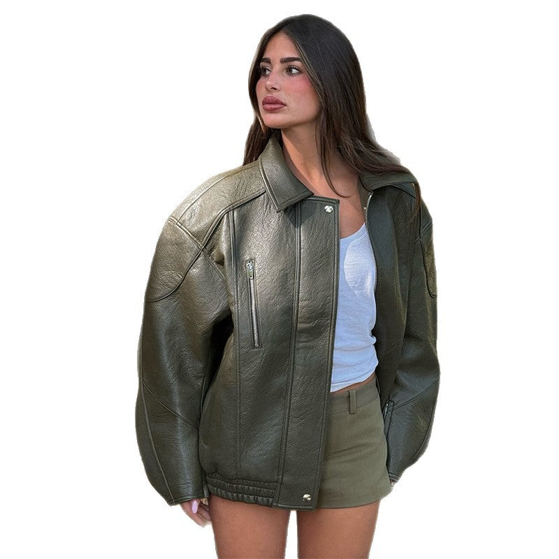 Dame cuir veste avec coupe décontractée oversized Chic und Stil