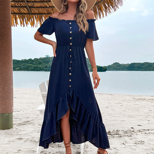 Robe maxi à encolure dénudée avec fermeture à boutons et bordure à volants Chic und Stil