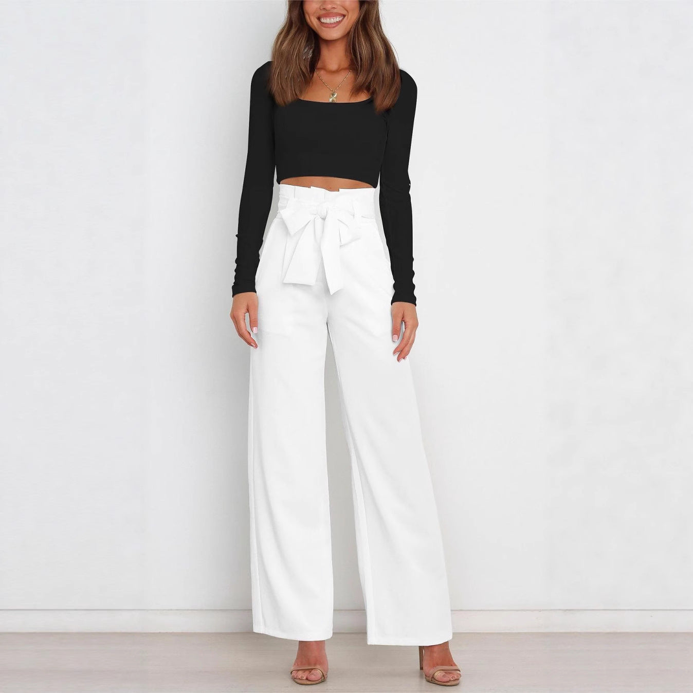 Elegant high-waisted pants for women with a tie belt and wide leg Chic and Style