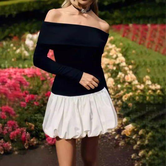 Robe mini à épaules dénudées pour femmes avec jupe volumineuse et manches longues Chic und Stil