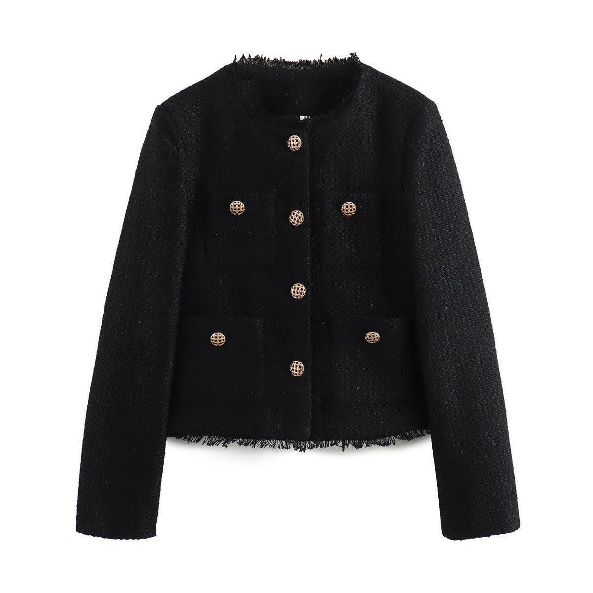 Blazer féminin élégant coupé court avec tissu texturé et détails de boutons dorés Chic und Stil