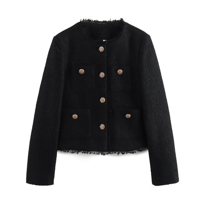 Blazer féminin élégant coupé court avec tissu texturé et détails de boutons dorés Chic und Stil