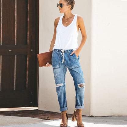 Women's Ripped Jeans with Elastic Waist and Relaxed Fit Chic and Style