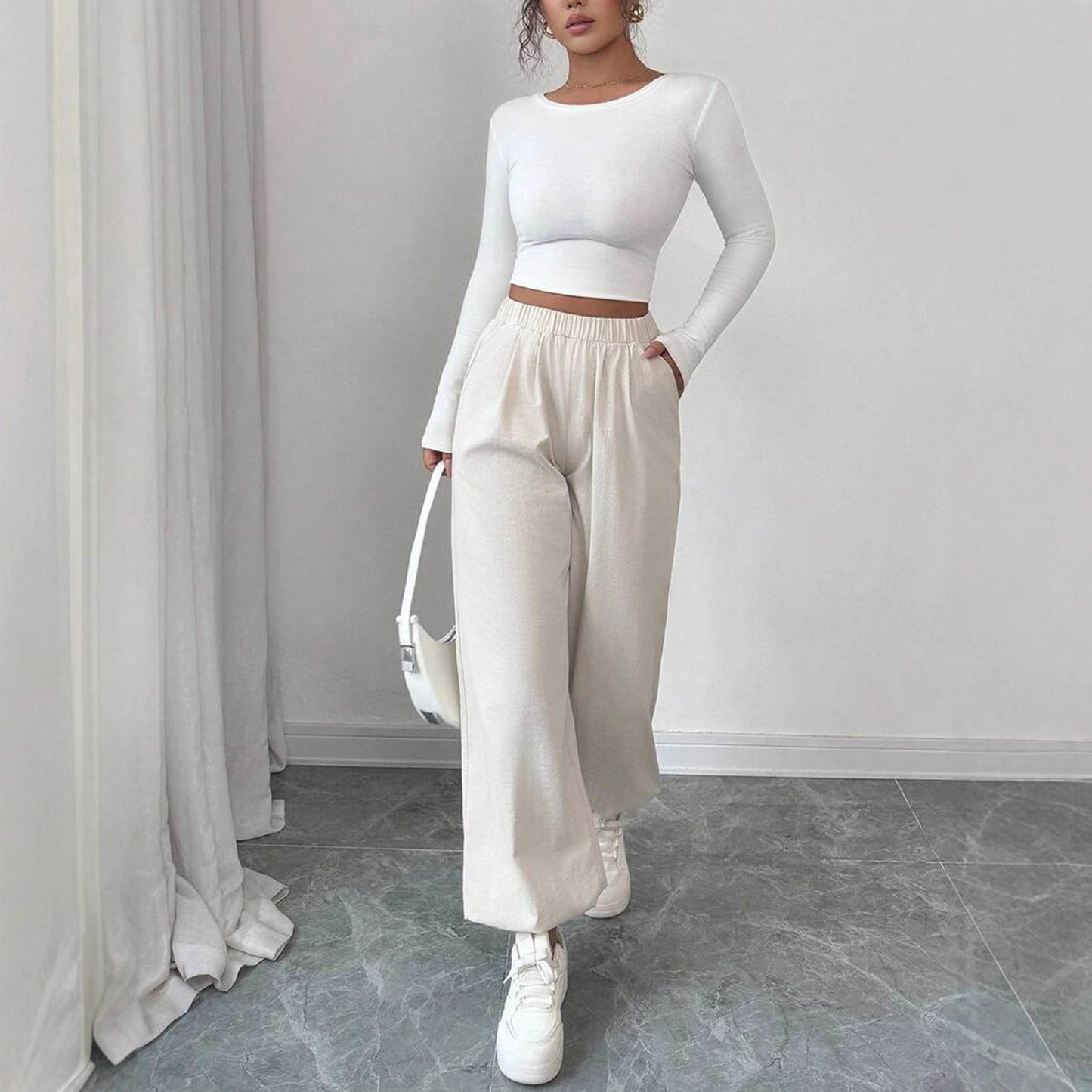 Ladies Long Sleeve Cropped Top Comfortable with Soft Ribbed Design and Stylish Casual Pants Chic and Style