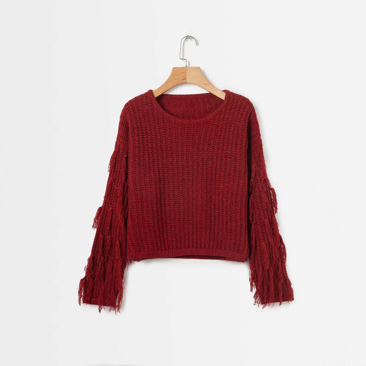 Pull en tricot à la mode pour femmes avec des manches frangées et un motif texturé particulier Chic und Stil