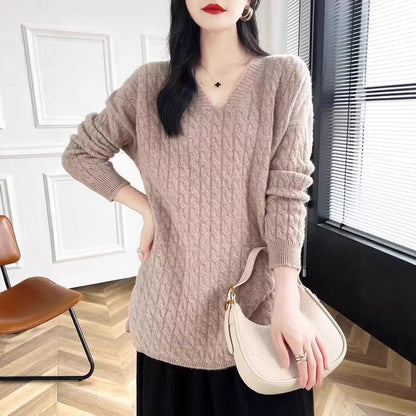 Femme pull en grosse maille avec décolleté en V et coupe décontractée Chic und Stil