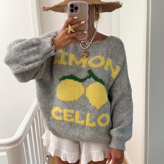 Cardigan à mailles épaisses pour femmes avec un motif de citron unique et une fermeture à boutons Chic und Stil