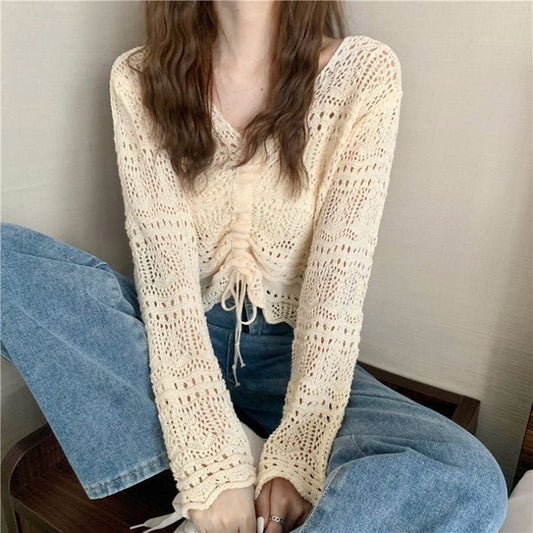 Pull en crochet aéré pour femmes avec cordon de serrage et coupe large Chic und Stil