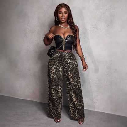 Wide leopard print pants for women in durable material with high waist Chic and Style