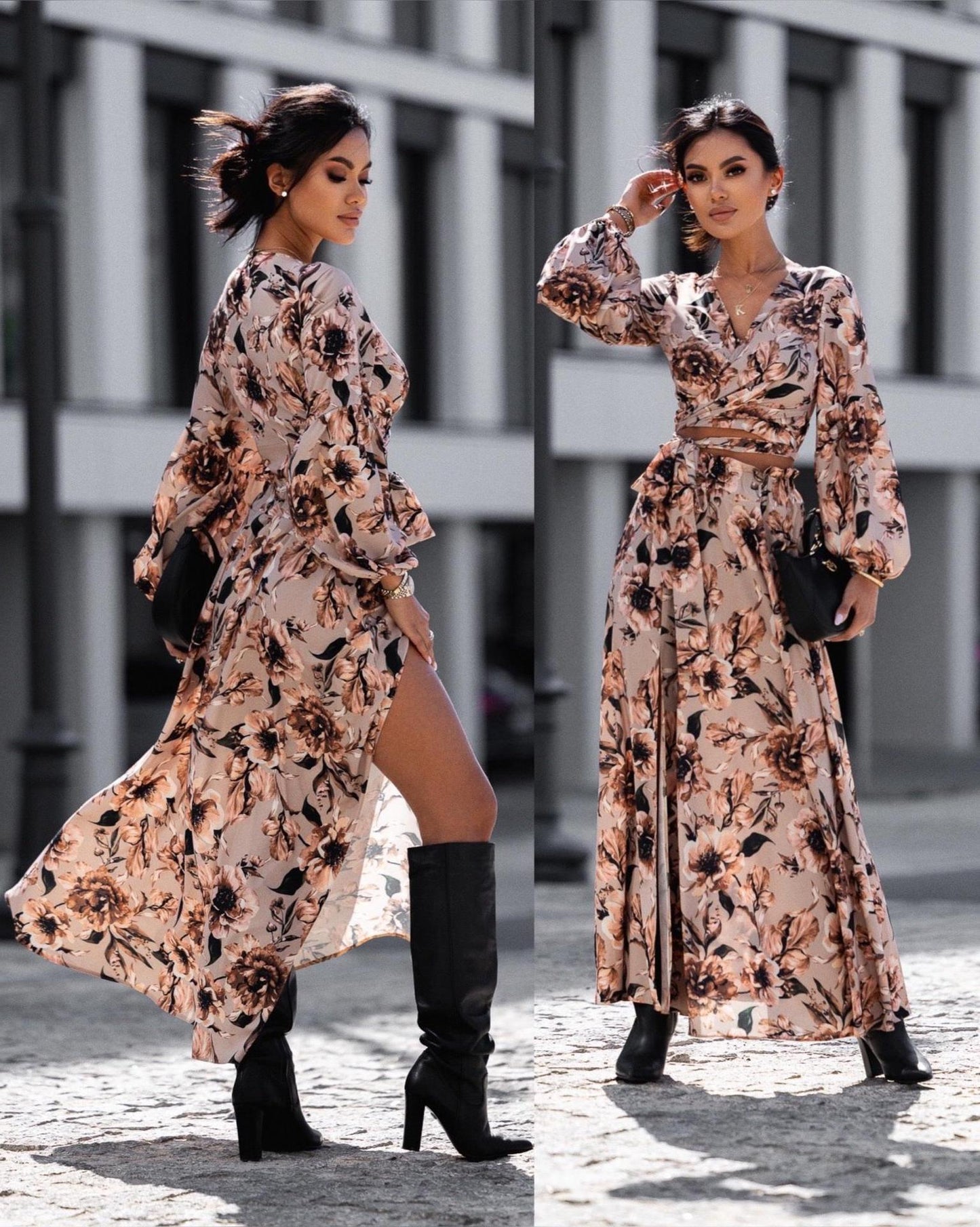 Robe maxi portefeuille pour femmes avec ceinture taille fixe et manches volantées raffinées Chic und Stil