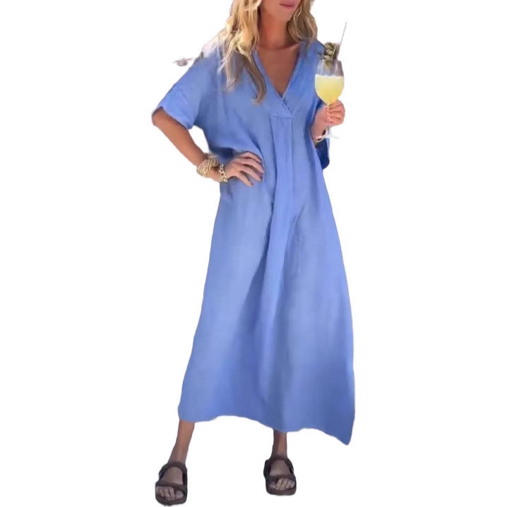 Robe maxi en lin décontractée pour femmes avec décolleté en V et manches larges Chic und Stil
