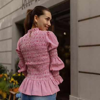 Blouse à volants pour femmes avec motif gingham et élégants manches bouffantes Chic und Stil