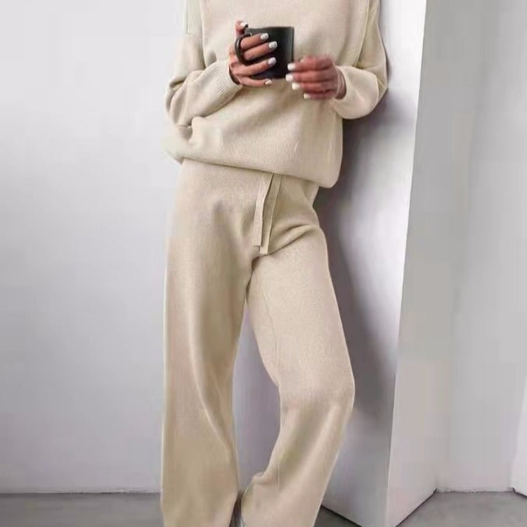 Cozy knit lounge set for women with wide pants and elegant round neck Chic and Style