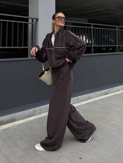 Chic and Style women's sporty velour lounge set with full zip and wide pants