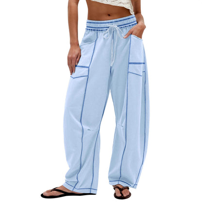 Ladies Comfortable Wide Pants with Practical Pockets and Elastic Belt Chic and Style
