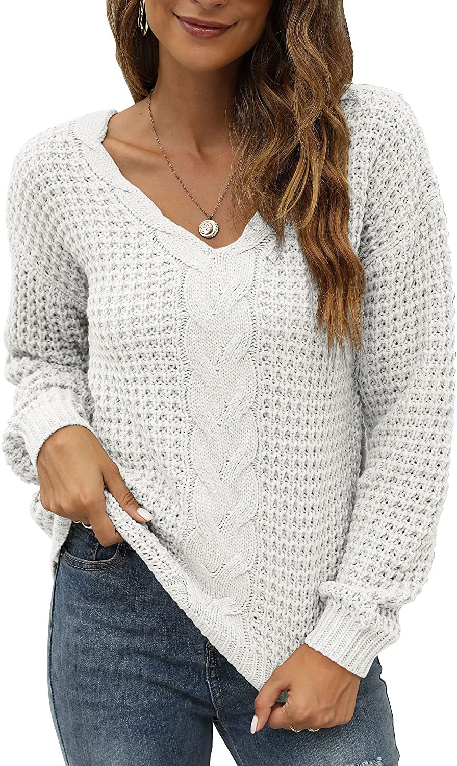 Pull-over en tricot décontracté pour femmes avec décolleté en V plongeant et motif de torsades détaillé Chic und Stil