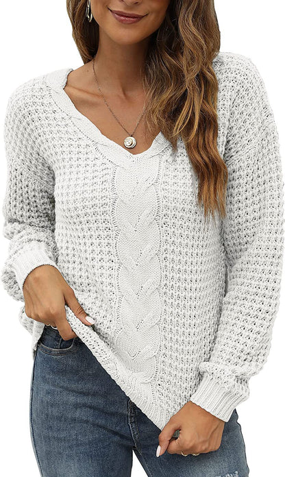 Pull-over en tricot décontracté pour femmes avec décolleté en V plongeant et motif de torsades détaillé Chic und Stil