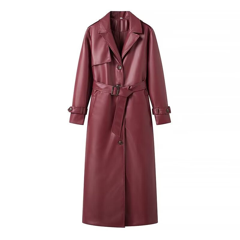Dames élégante trench-coat en simili cuir avec ceinture et grands revers Chic und Stil