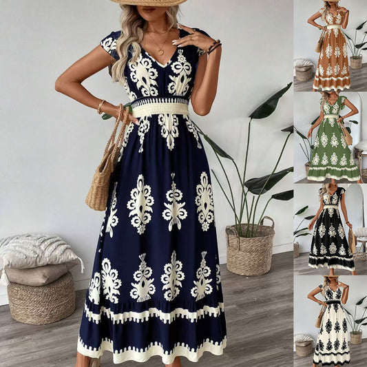 Robe maxi florale bohémienne pour femme à manches courtes Chic und Stil
