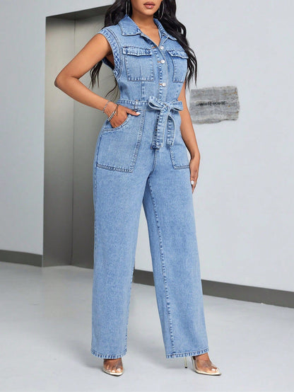 Combinaison en jean tendance pour femmes avec poches appliquées et lien à la taille Chic und Stil