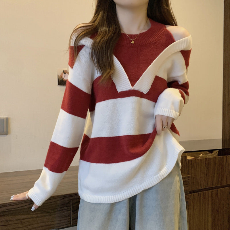 Ladies Oversized V-neck Pullover with trendy striped pattern and open shoulder design Chic and Style