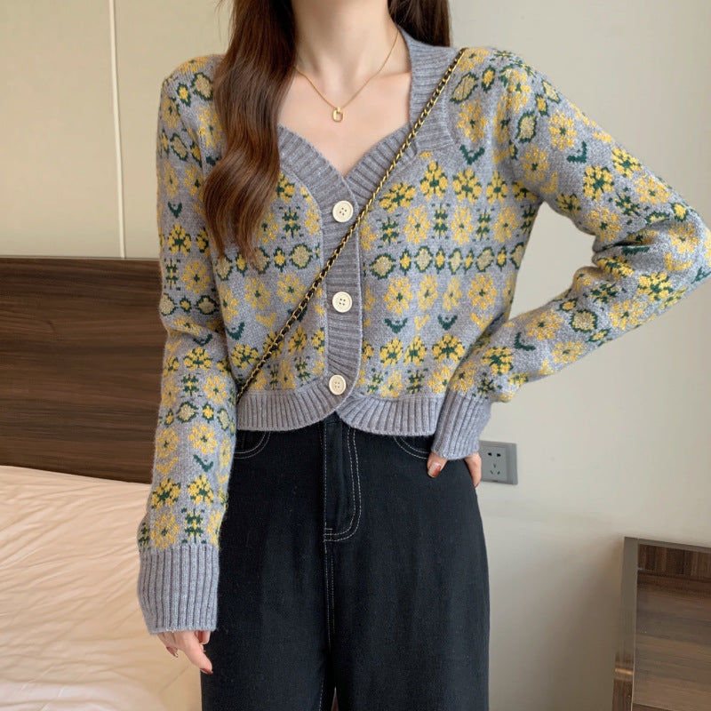 Dames jeu tricoté veste à fleurs avec larges bords Chic und Stil