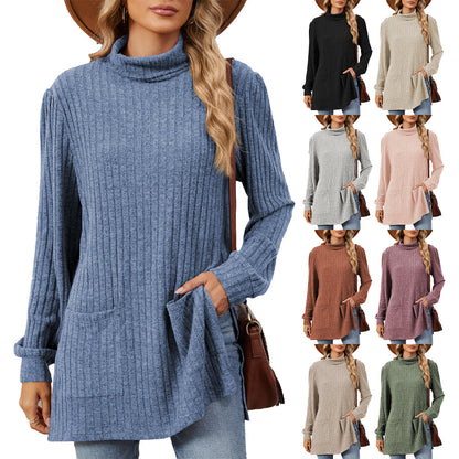 Dames élégant haut en maille structurée avec col montant et poches latérales Chic und Stil