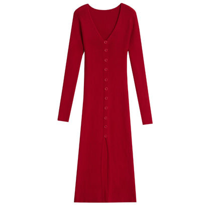Dames Robe maxi à manches longues avec structure côtelée et détail de bouton Chic und Stil
