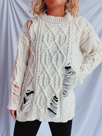 Pull en grosse maille pour femmes avec un motif de torsade unique et des détails effilochés Chic und Stil