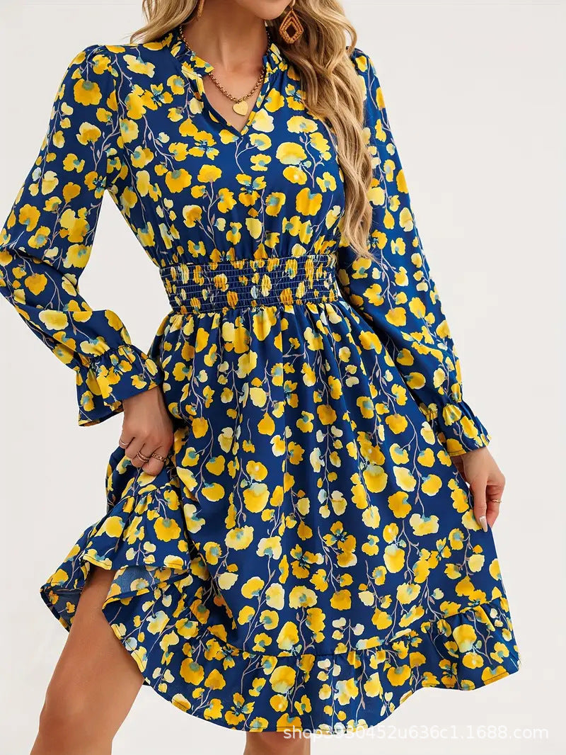 Robe mini à motifs floraux pour femmes avec des manches volumineuses et une taille élastique Chic und Stil