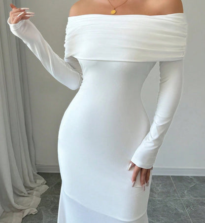 Dames Élégante Robe Maxi Off-Shoulder avec Manches Longues et Haut Drapé Chic und Stil
